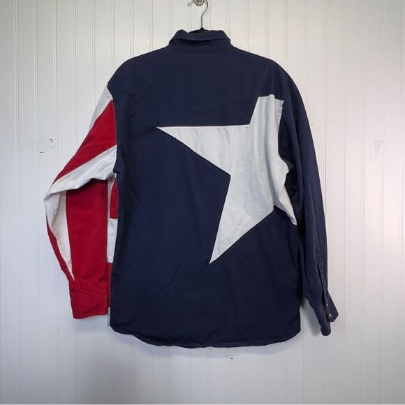90's Wrangler Western Shirt Texas Flag Button Down Long Sleeve Red White Blue L - Picture 12 of 15